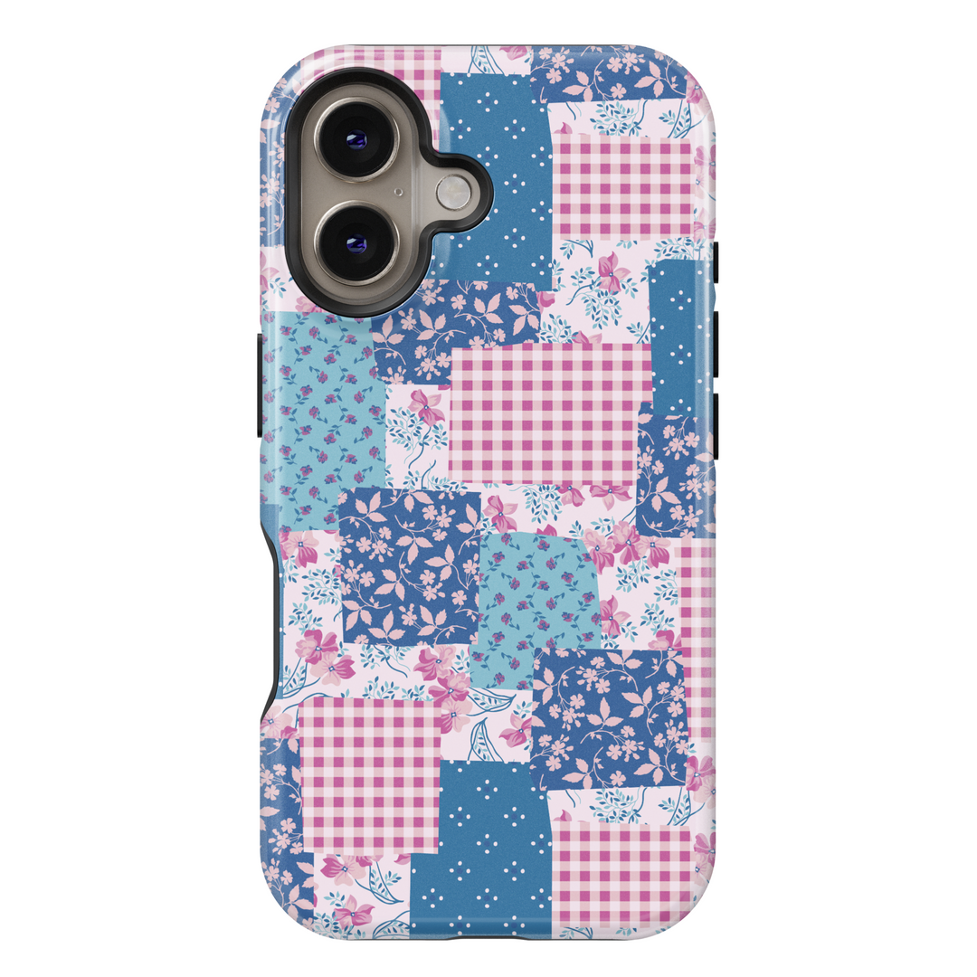 Vintage-inspired patchwork iPhone case featuring blue and pink floral patterns, gingham prints, and a quilted aesthetic for a cozy country look.