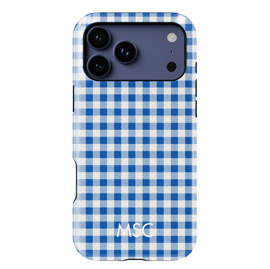 Blue gingham iPhone case, classic checkered phone cover in navy and white, slim protective case for iPhone 15, iPhone 14, iPhone 13 Pro Max. Stylish plaid design for everyday chic and timeless look.