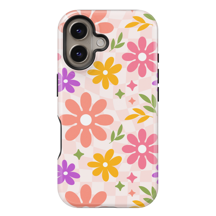 Colorful retro floral iPhone case with wavy checkered background, featuring pink, yellow, and purple flowers for a groovy aesthetic.