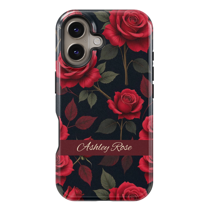 Red rose personalized floral phone case with name on dark background – elegant custom case for iPhone