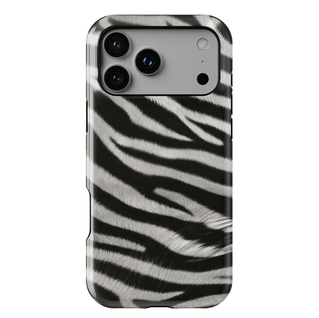 Zebra print phone case in black and white animal pattern, trendy aesthetic protective phone cover for iPhone and Samsung