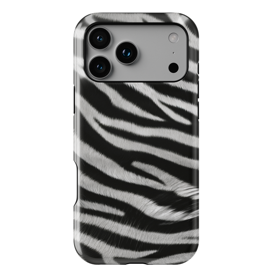 Zebra print phone case in black and white animal pattern, trendy aesthetic protective phone cover for iPhone and Samsung