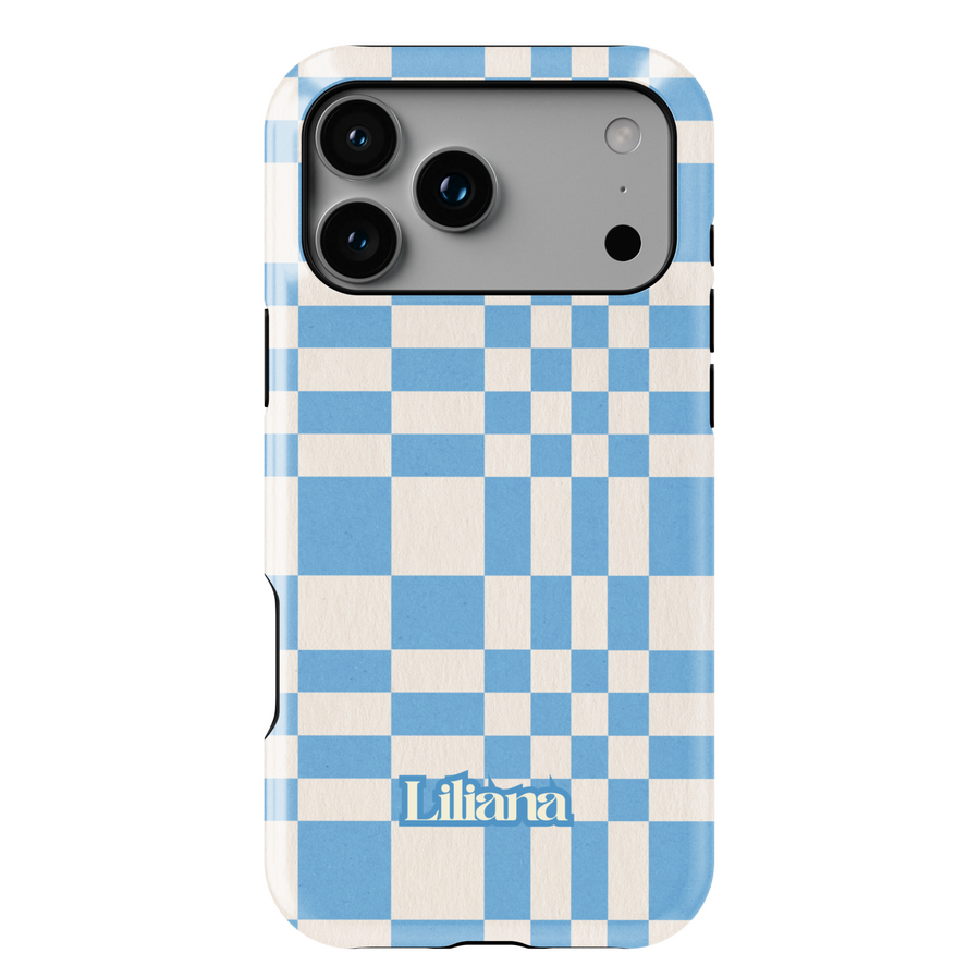 Oversized blue plaid iPhone case, modern checkered phone cover in light blue and cream, slim protective case for iPhone 15, iPhone 14, iPhone 13 Pro Max. Trendy grid design with minimalist style.
