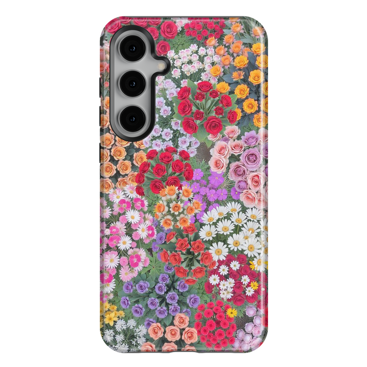 Vibrant floral Samsung Galaxy S25 Ultra, S24 FE, S24 Ultra phone case featuring a stunning array of multicolored roses, daisies, and blossoms. Aesthetic and chic botanical design for a stylish spring look.
