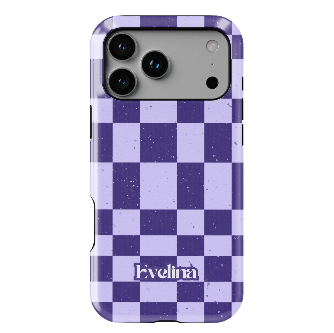 Lavender and purple checkerboard iPhone case, retro aesthetic checkered phone cover, trendy lilac grid protective case for iPhone 15, iPhone 14, iPhone 13 Pro Max.