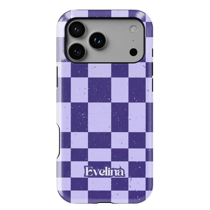 Lavender and purple checkerboard iPhone case, retro aesthetic checkered phone cover, trendy lilac grid protective case for iPhone 15, iPhone 14, iPhone 13 Pro Max.