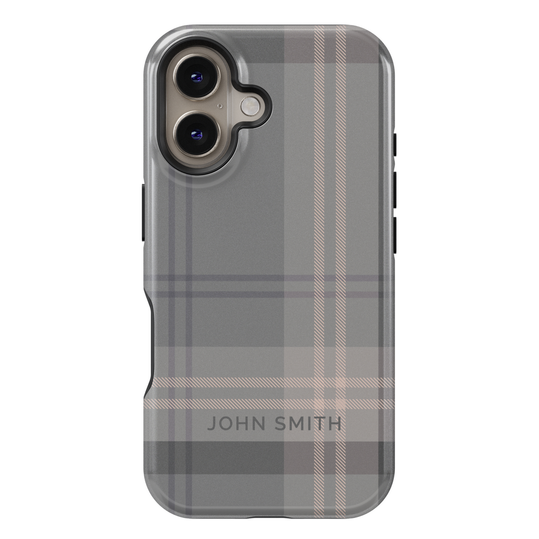 Sleek navy blue striped iPhone case with personalized name. Stylish and modern design for a sophisticated and professional look.