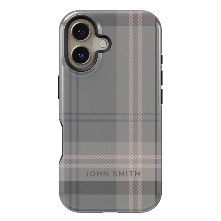 Sleek navy blue striped iPhone case with personalized name. Stylish and modern design for a sophisticated and professional look.