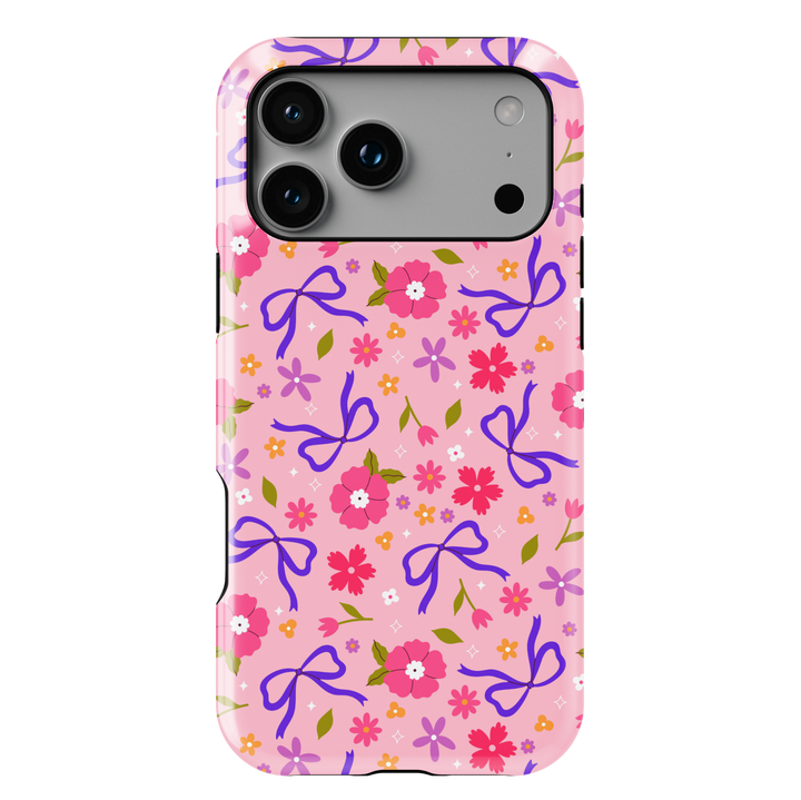 Pink phone case with purple bows and floral design, coquette girly aesthetic phone cover for iPhone and Samsung