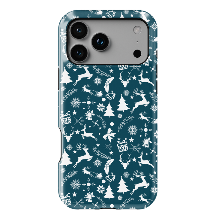 Christmas Samsung Galaxy phone case with white reindeer, snowflakes, bows, and holiday icons on a deep teal background