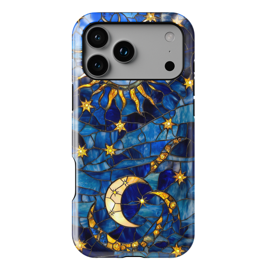 Blue stained glass phone case with golden crescent moon and glowing stars celestial design