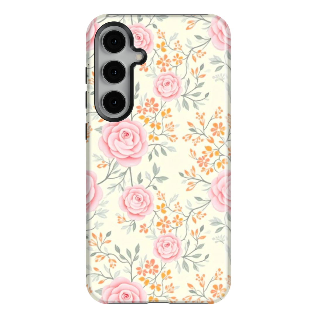 Cute floral Samsung Galaxy S25 Ultra, S24 FE, S24 Ultra phone case featuring a golden retriever holding flowers in a vibrant spring garden. Aesthetic pet lover’s design with colorful flowers.