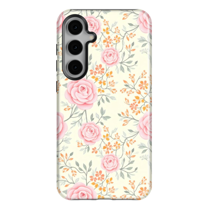 Cute floral Samsung Galaxy S25 Ultra, S24 FE, S24 Ultra phone case featuring a golden retriever holding flowers in a vibrant spring garden. Aesthetic pet lover’s design with colorful flowers.