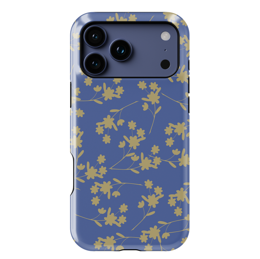 Navy blue floral phone case with gold flower pattern, minimalist aesthetic flower design protective phone cover for iPhone and Samsung