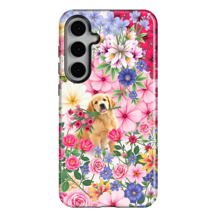 Cute floral Samsung Galaxy S25 Ultra, S24 FE, S24 Ultra phone case featuring a golden retriever holding flowers in a vibrant spring garden. Aesthetic pet lover’s design with colorful flowers.