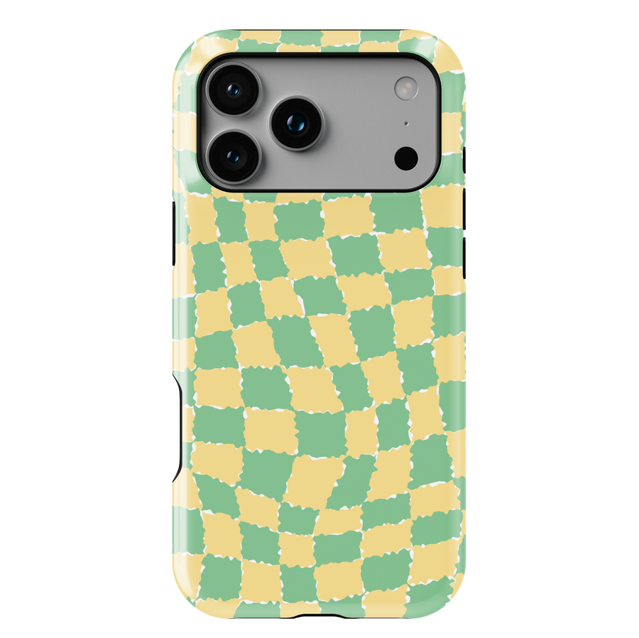Green and yellow wavy checker phone case, aesthetic retro plaid design, trendy pastel check pattern phone cover for iPhone and Samsung