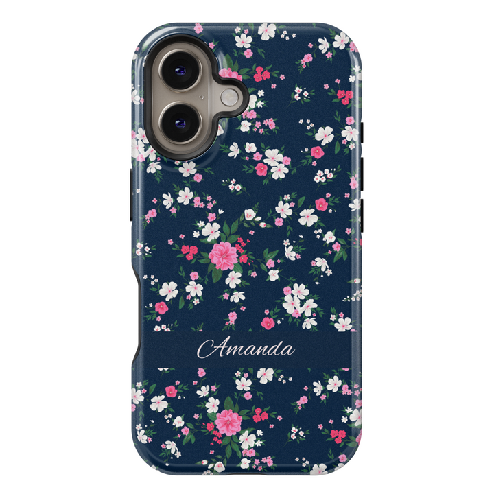 Custom navy floral phone case with small pink and white flowers, personalized name iPhone Samsung cover, spring botanical tough case