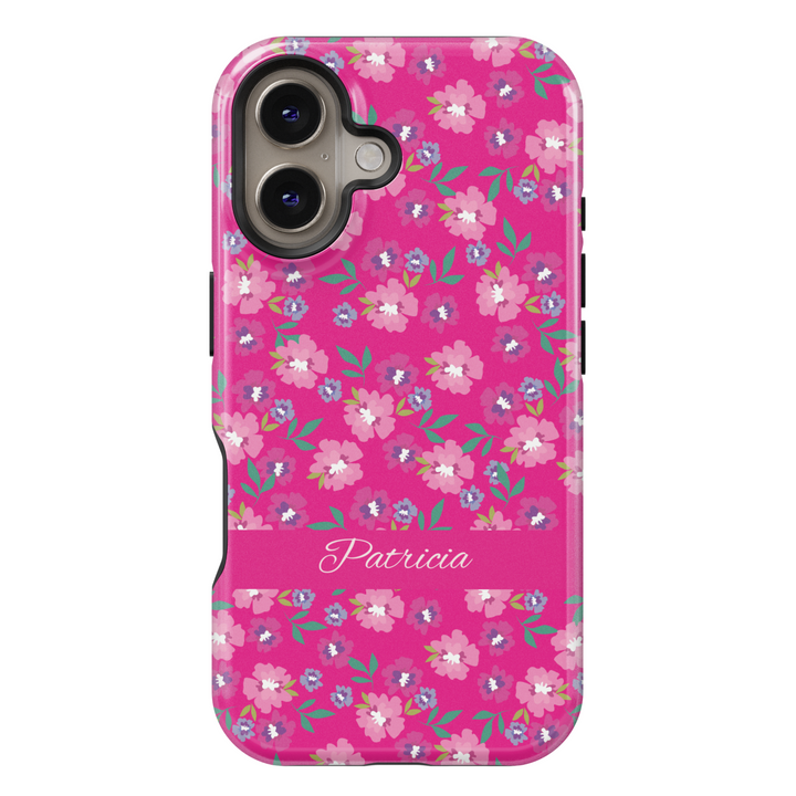 Bright pink personalized floral phone case with custom name, small flower pattern iPhone Samsung cover, girly spring tough case design