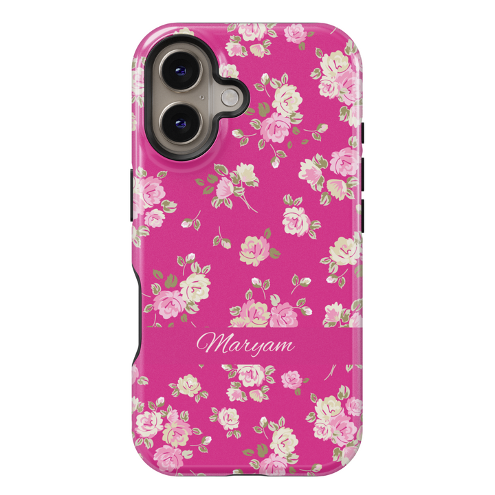 Bright pink floral phone case with custom name, spring flower pattern iPhone Samsung cover, girly tough phone case with rose print design