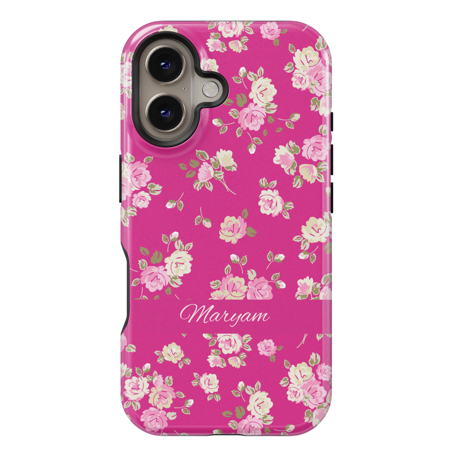 Bright pink floral phone case with custom name, spring flower pattern iPhone Samsung cover, girly tough phone case with rose print design