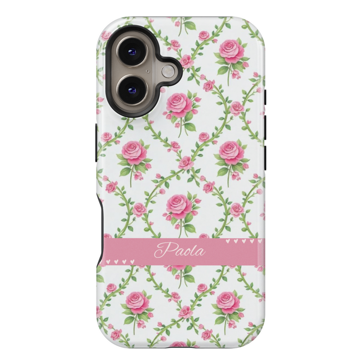 White floral phone case with pink roses and personalized name, custom spring rose iPhone Samsung cover, girly tough phone case gift for her