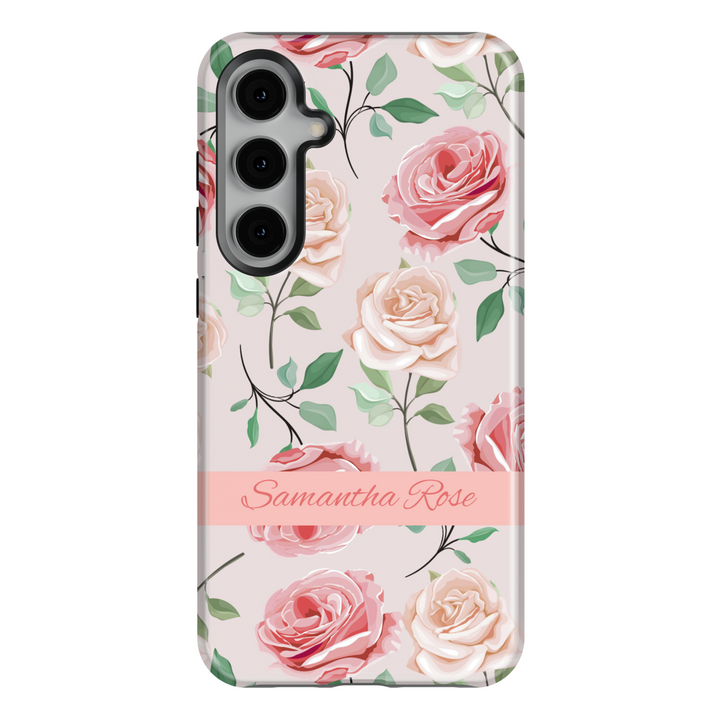 Personalized pink rose phone case for iPhone and Samsung, custom floral tough case with name, romantic spring flower design, girly case