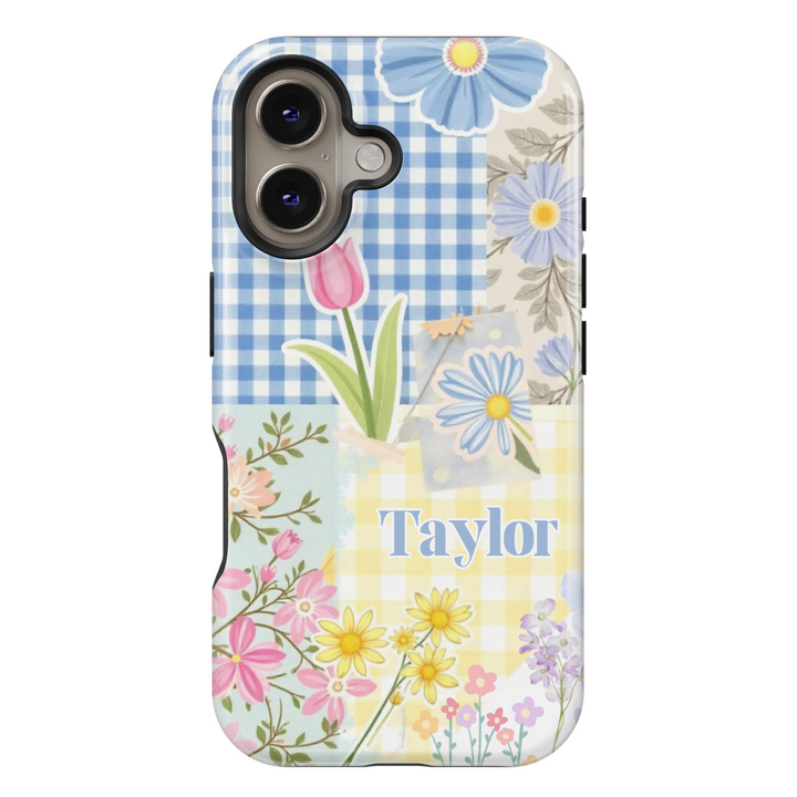 Personalized floral patchwork iPhone case with a vintage cottagecore aesthetic. Features a mix of gingham and floral patterns for a charming touch.
