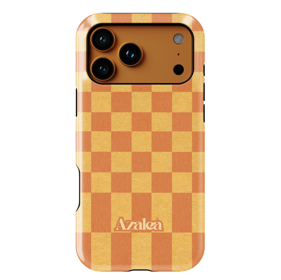 Orange and yellow checkerboard iPhone case, retro aesthetic grid phone cover, trendy warm-toned checkered protective iPhone 15, iPhone 14, iPhone 13 Pro Max case.