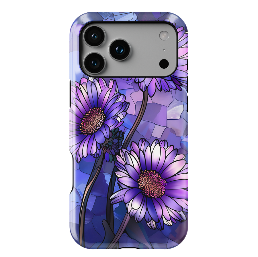 Purple stained glass floral iPhone case with violet daisy flowers and mosaic background