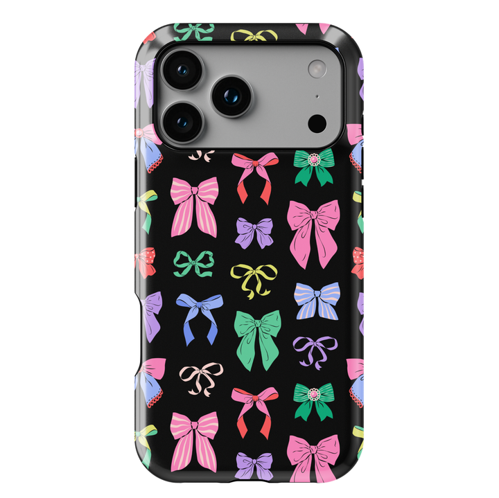 Black phone case with colorful bow pattern, coquette aesthetic girly ribbon design for iPhone and Samsung
