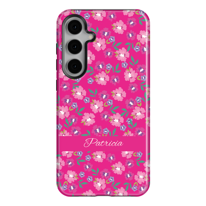 Bright pink personalized floral phone case with custom name, small flower pattern iPhone Samsung cover, girly spring tough case design