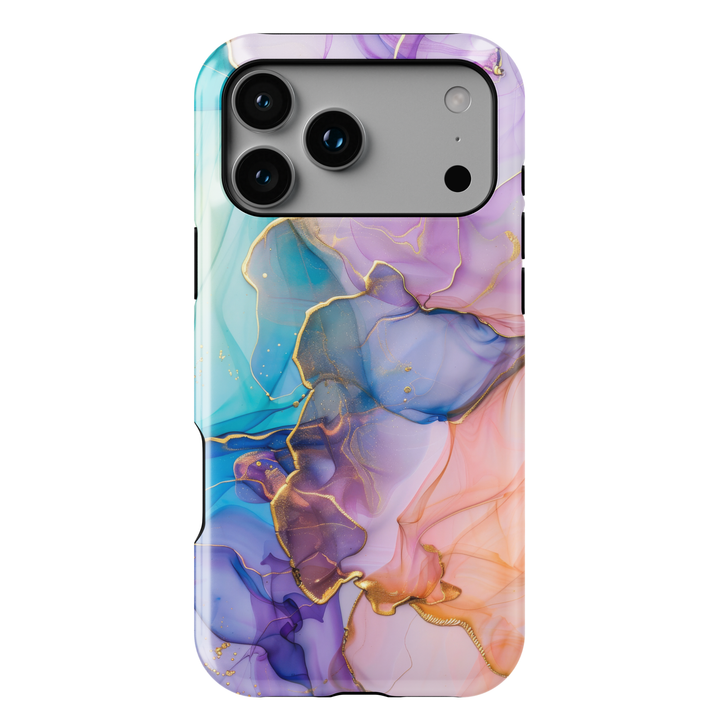 Abstract pastel iPhone case with gold marble accents in lavender, teal, and peach tones