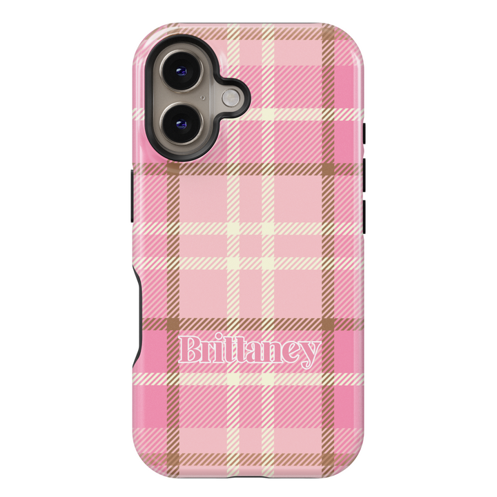 Personalized pink plaid iPhone case with custom name. Stylish and trendy phone cover with a preppy aesthetic, perfect for a girly and elegant look.