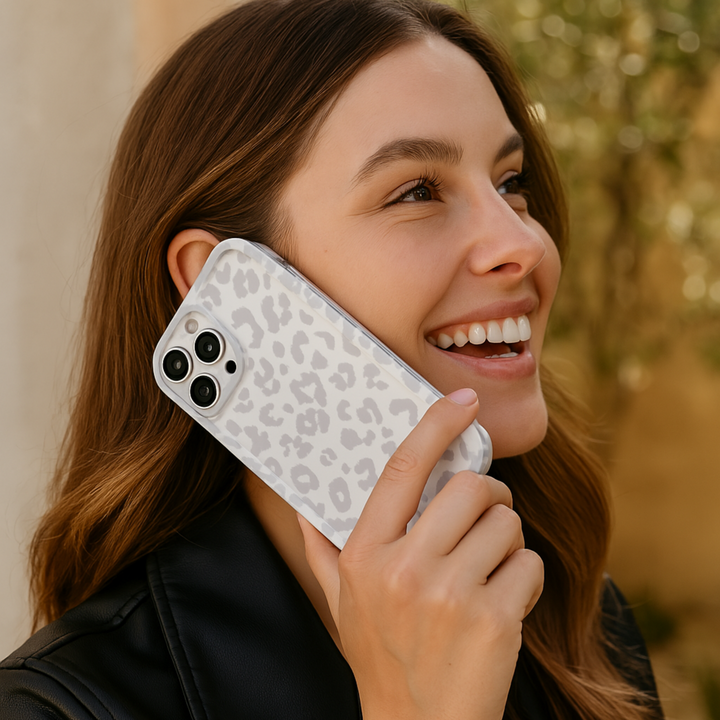 Gray leopard print iPhone and Samsung case – trendy animal print phone cover with soft neutral tones. Stylish protective phone case for women, perfect for minimalist and modern aesthetics. Ideal for gifting or everyday fashion accessories.