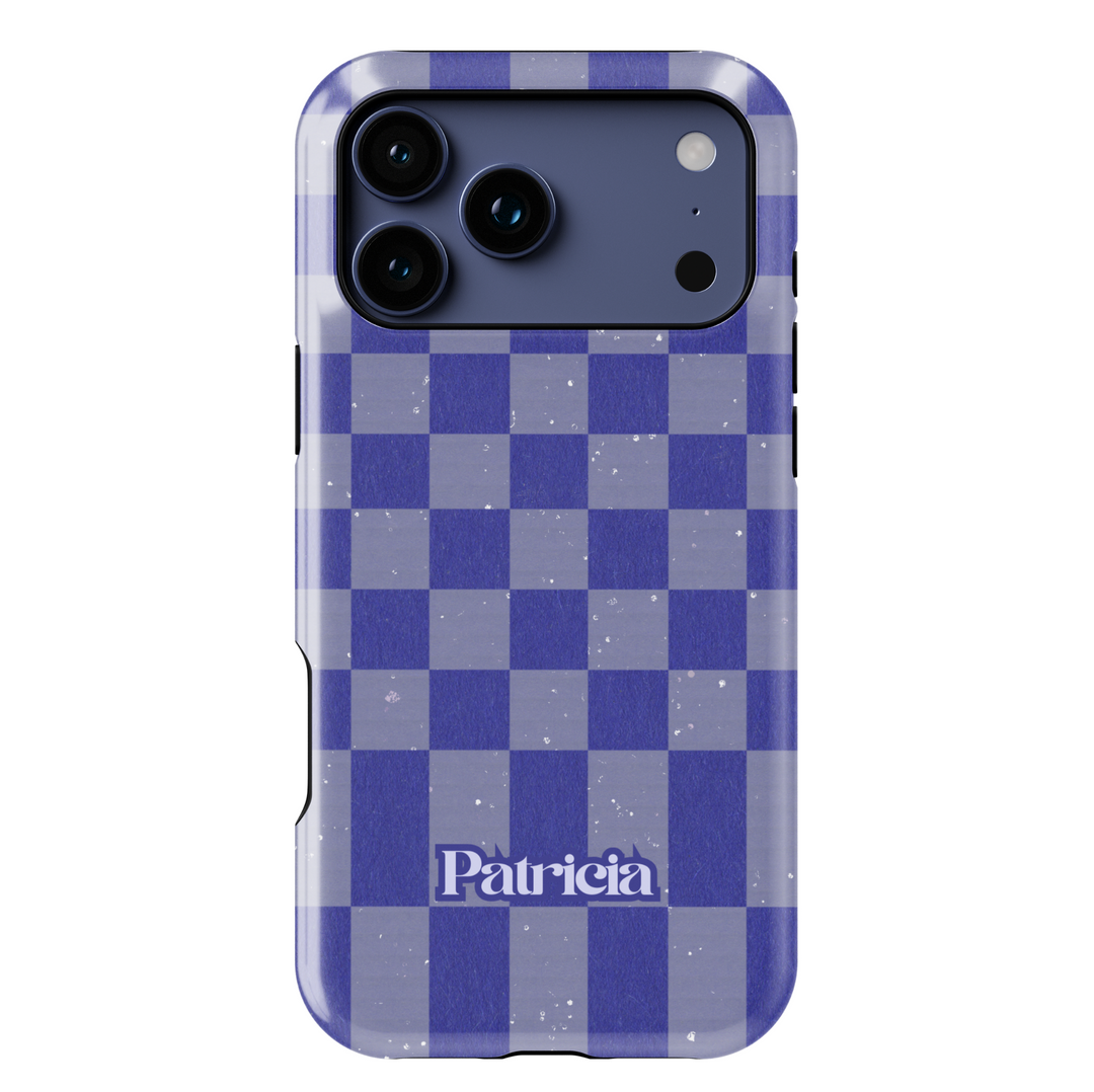 Purple and gray checkerboard iPhone case with retro grid design, trendy violet checkered aesthetic phone cover, protective iPhone 15, iPhone 14, iPhone 13 Pro Max case.