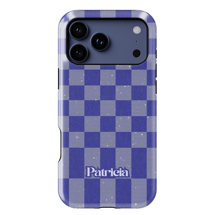 Purple and gray checkerboard iPhone case with retro grid design, trendy violet checkered aesthetic phone cover, protective iPhone 15, iPhone 14, iPhone 13 Pro Max case.