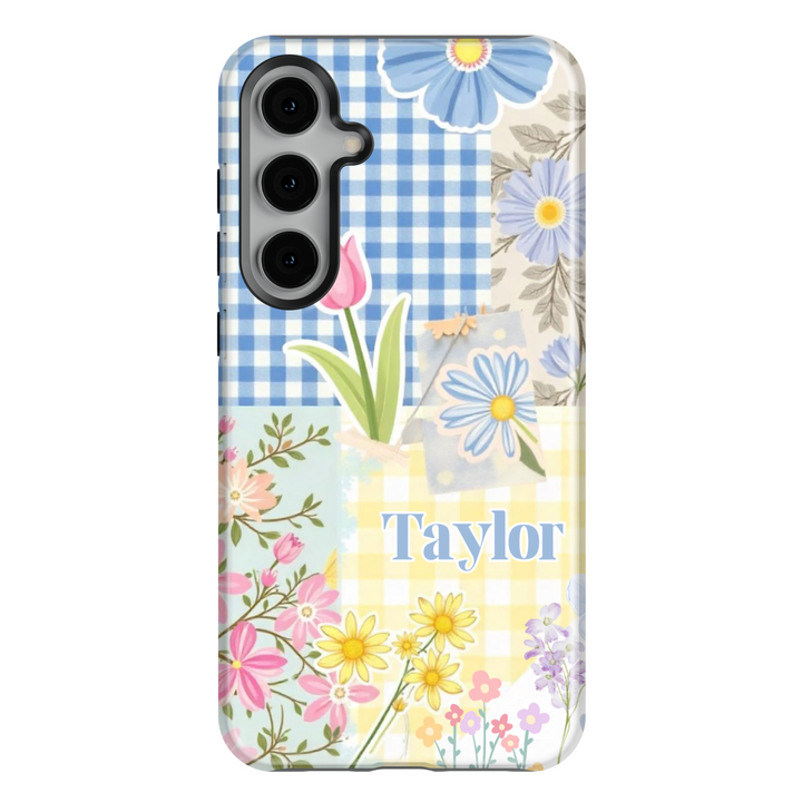 Spring-inspired patchwork Samsung Galaxy phone case with personalized name. Aesthetic floral and gingham design for Galaxy S25 Ultra, S24 FE, and more.