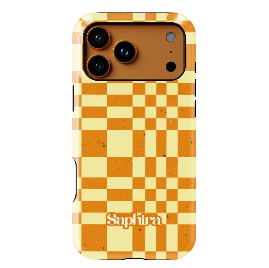 Orange and cream plaid iPhone case with oversized checkerboard pattern, warm autumn aesthetic phone cover, trendy retro grid iPhone 15, iPhone 14, iPhone 13 Pro Max case.