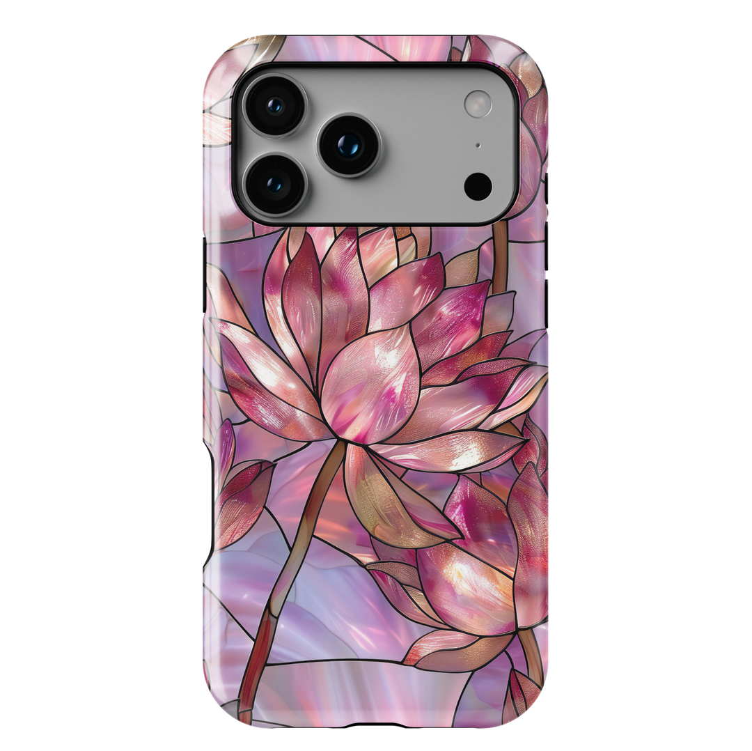 Pink floral stained glass iPhone case with lotus flower and soft blush tones