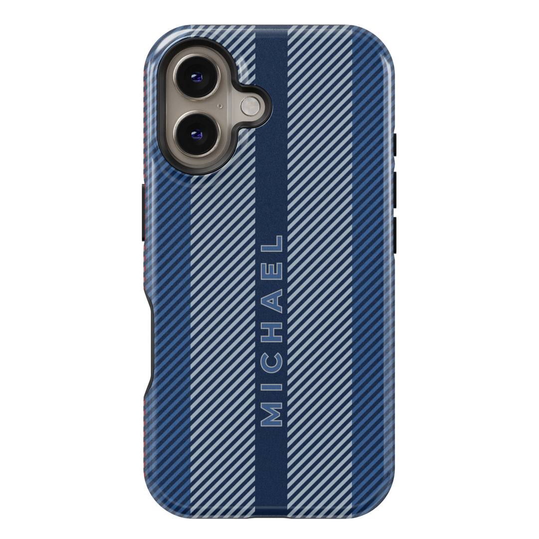 Sleek navy blue striped iPhone case with personalized name. Stylish and modern design for a sophisticated and professional look.