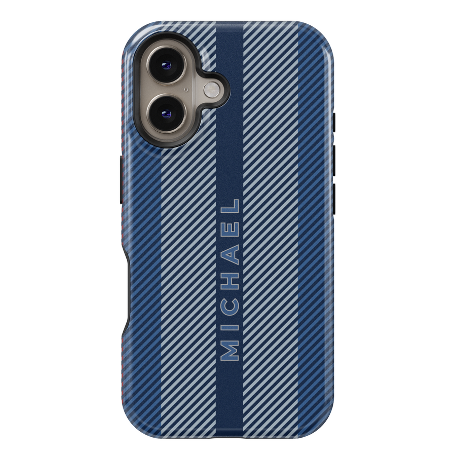 Sleek navy blue striped iPhone case with personalized name. Stylish and modern design for a sophisticated and professional look.