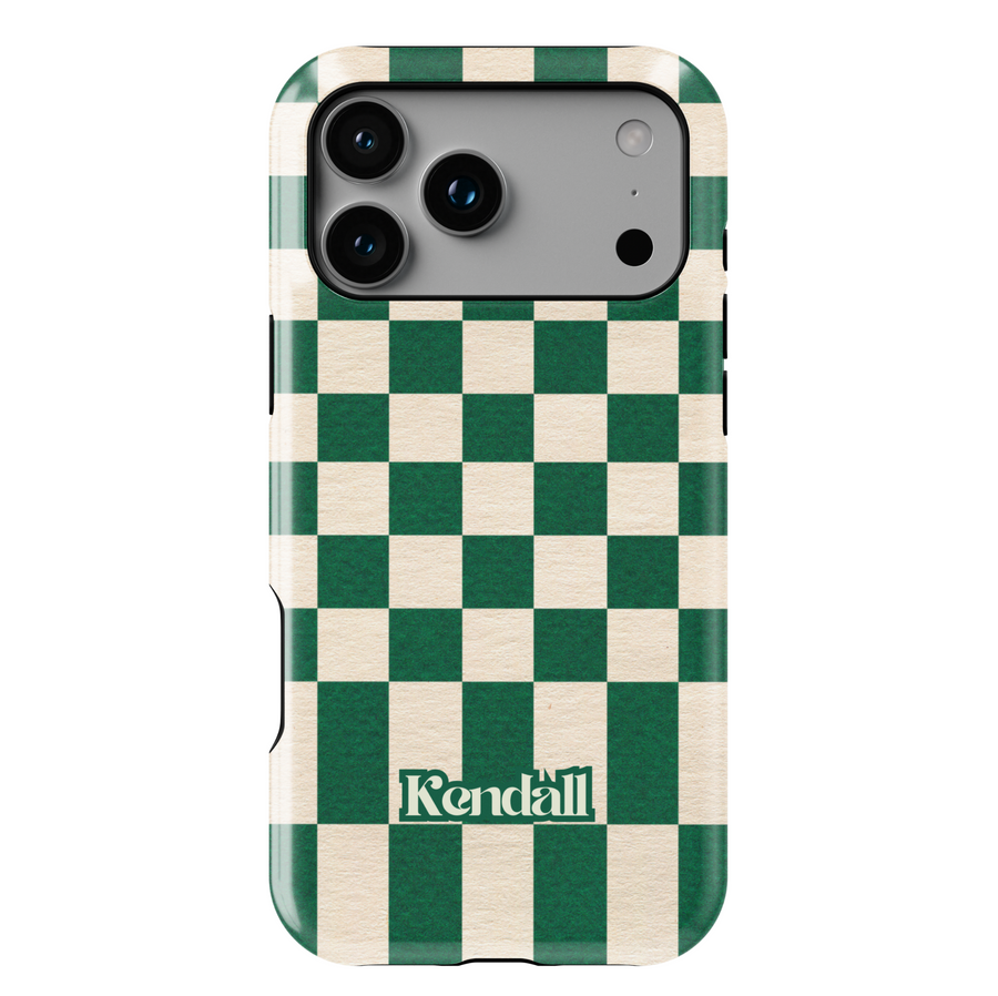 Green and cream checkerboard iPhone case, retro aesthetic checkered phone cover, vintage grid protective case for iPhone 15, iPhone 14, iPhone 13 Pro Max.