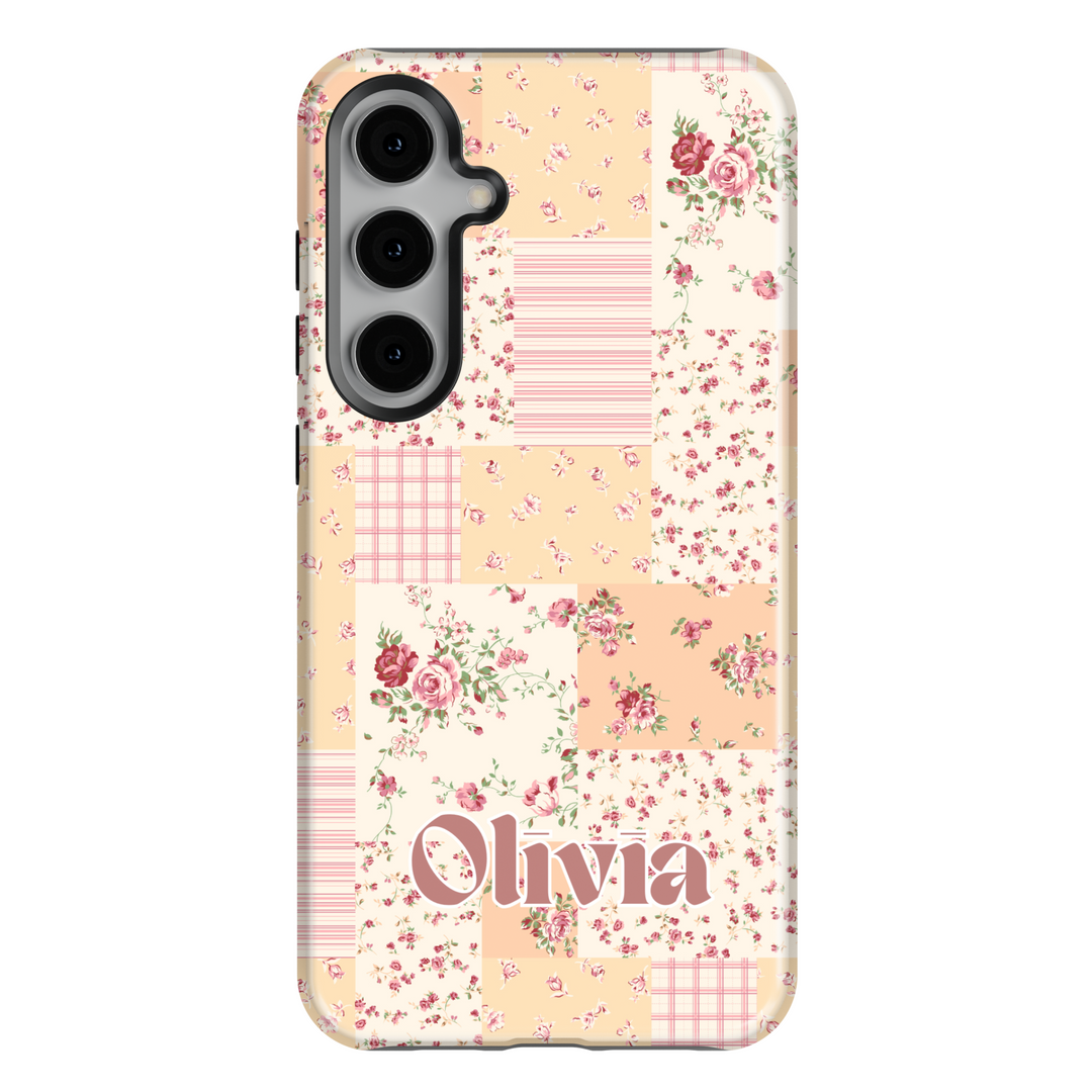 Vintage floral patchwork Samsung Galaxy phone case with personalized name. Chic and aesthetic protective cover for Galaxy S25 Ultra, S24 FE, S23, and more.