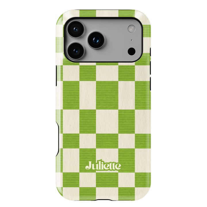 Green plaid iPhone case with oversized checkerboard design, trendy checkered phone cover in fresh green and cream, slim protective iPhone 15, iPhone 14, iPhone 13 Pro Max case. Modern aesthetic check pattern.