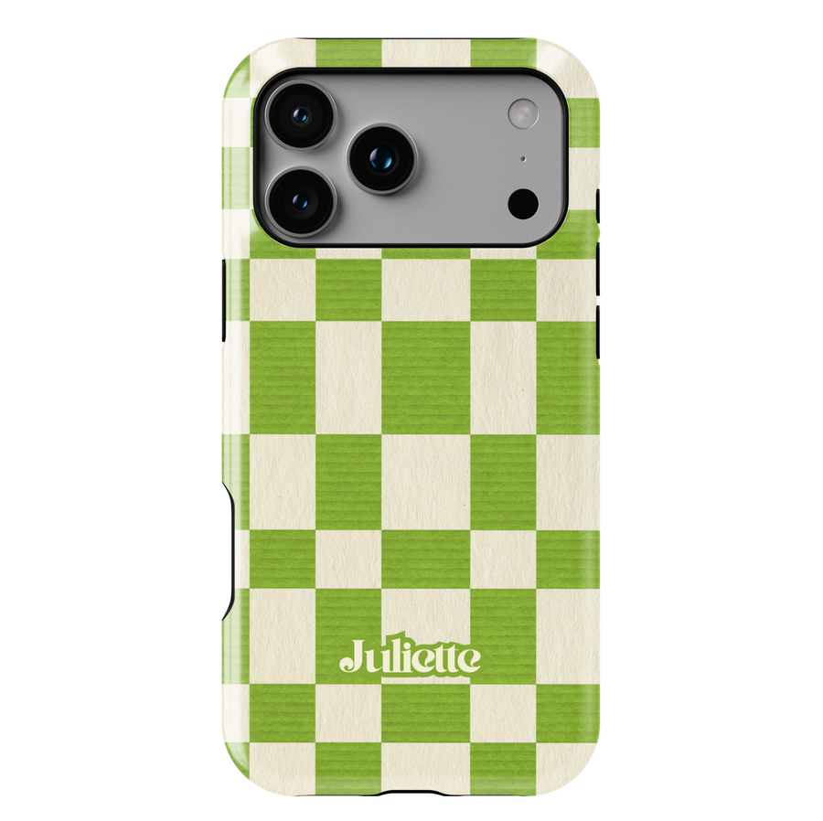 Green plaid iPhone case with oversized checkerboard design, trendy checkered phone cover in fresh green and cream, slim protective iPhone 15, iPhone 14, iPhone 13 Pro Max case. Modern aesthetic check pattern.