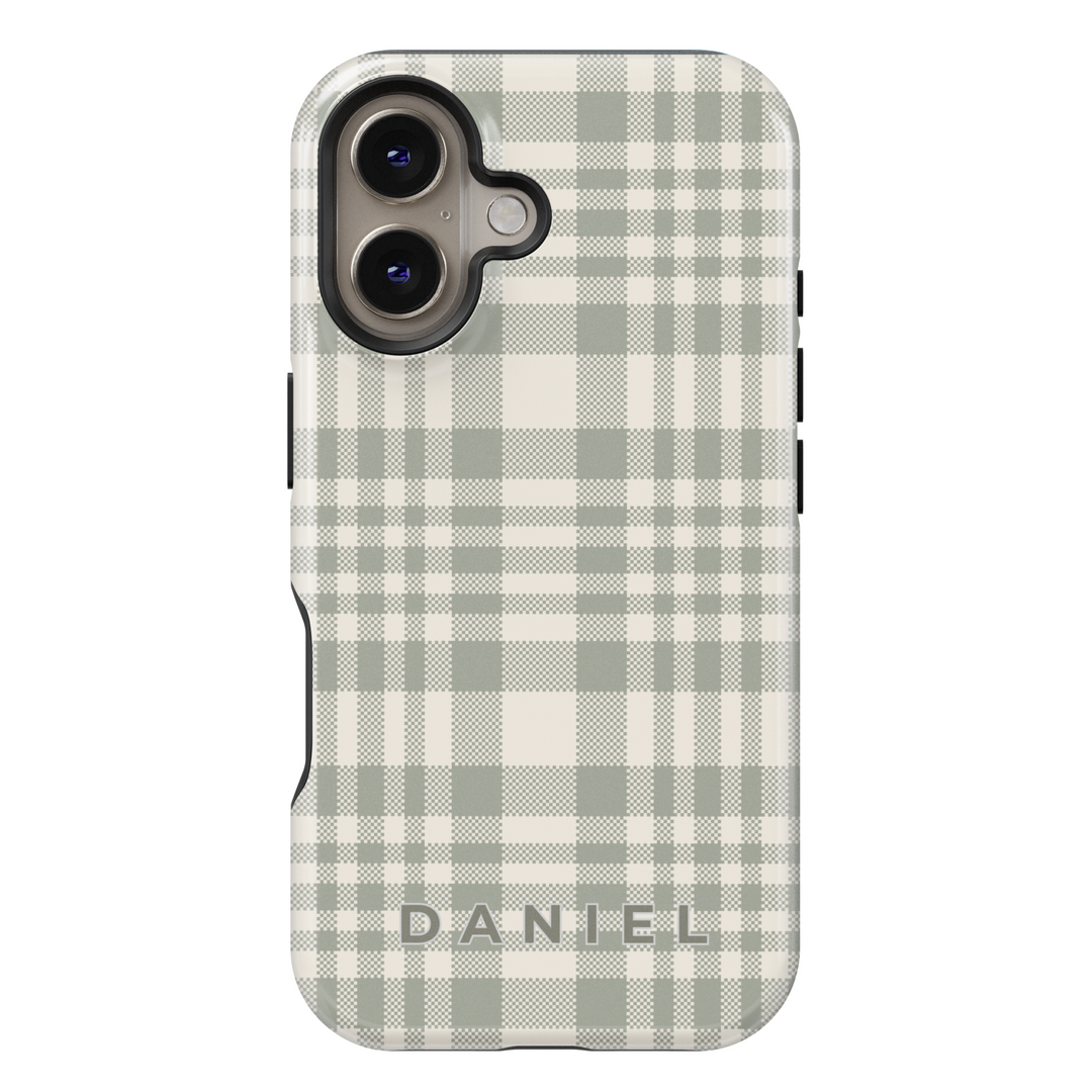 Minimalist personalized plaid iPhone case in neutral sage green tones with a custom name. Stylish and timeless phone cover for everyday use.