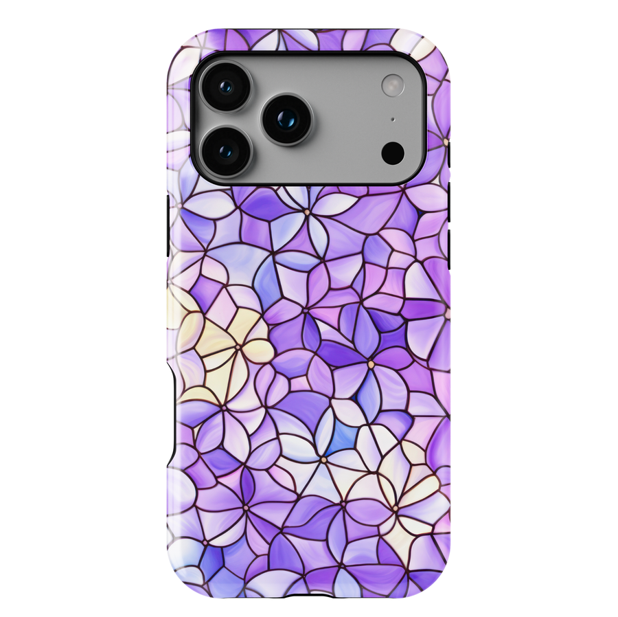 Purple stained glass floral iPhone case with lavender mosaic petal pattern