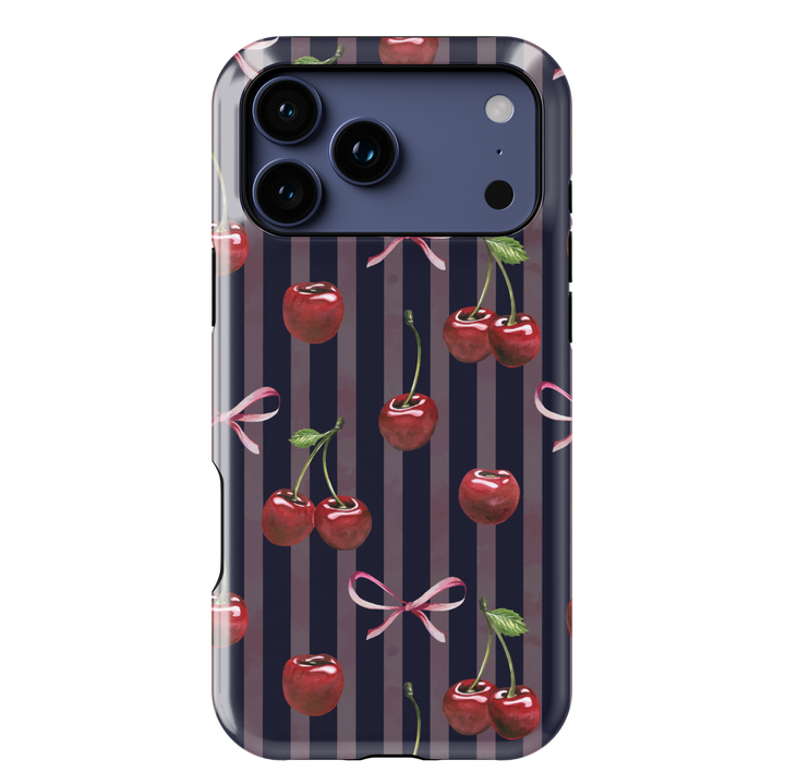 Striped navy phone case with red cherry and pink bow pattern, cute feminine aesthetic cover for iPhone and Samsung