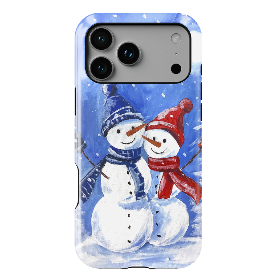 Hand-painted snowman couple phone case with blue winter background, red and blue hats and scarves, snowy holiday artwork