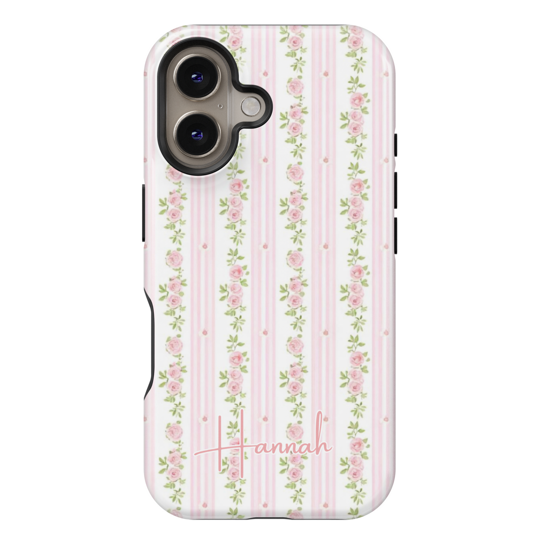 Custom pink floral stripe iPhone case with delicate rose details and personalized name. Elegant, vintage-inspired phone cover for a soft aesthetic.